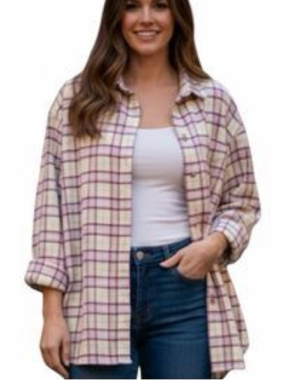 Eddie Bauer Cream Plaid Button-Down Shirt with Purple Grid